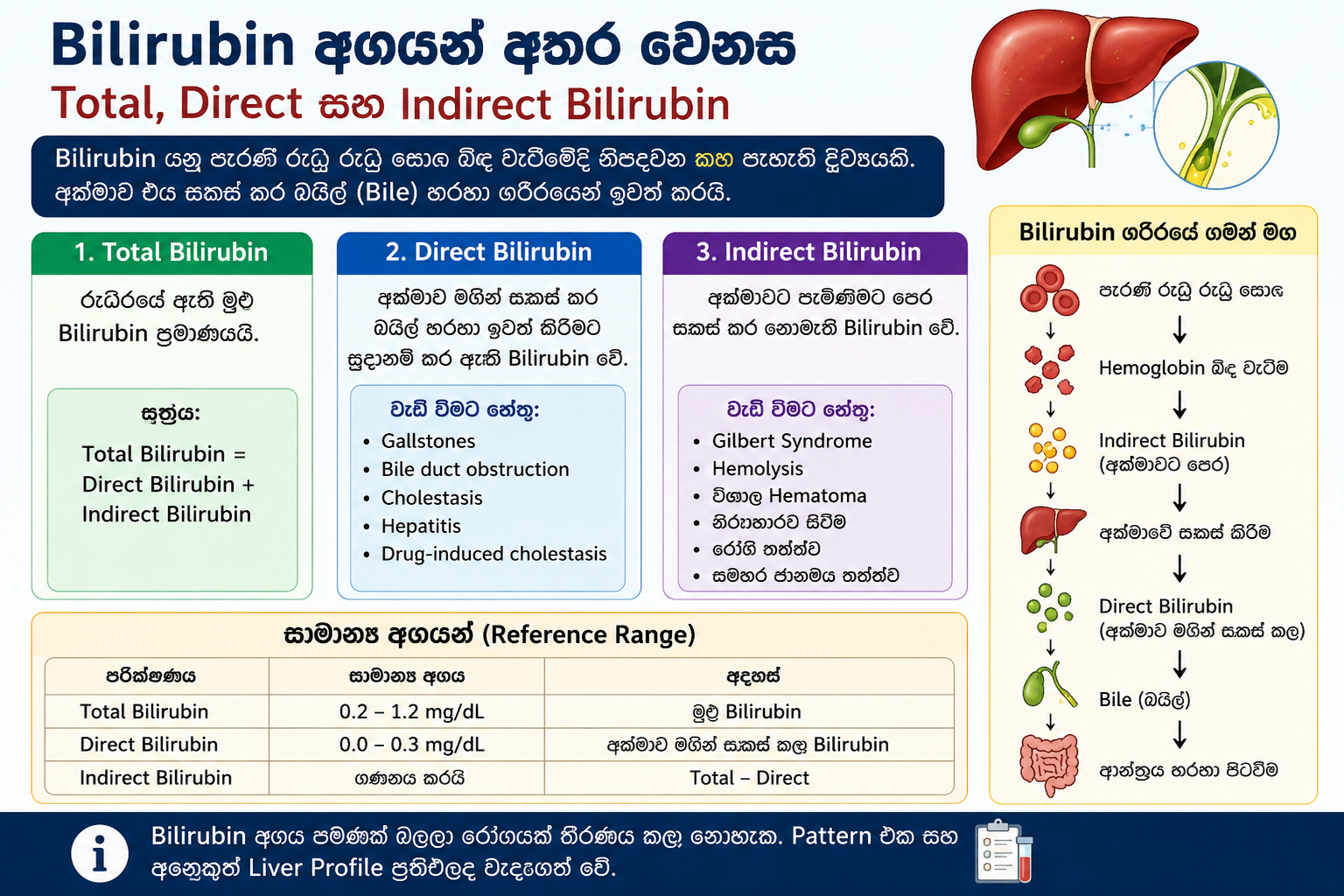 Bilirubin පරීක්ෂණය, Total Direct සහ Indirect Bilirubin සිංහල විස්තරය
