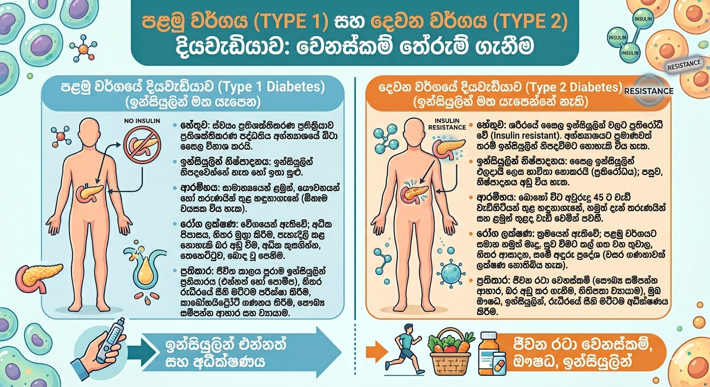 රුධිර ග්ලූකෝස් මීටරය සහ ඉන්සියුලින් — Type 1 සහ Type 2 දියවැඩියාව