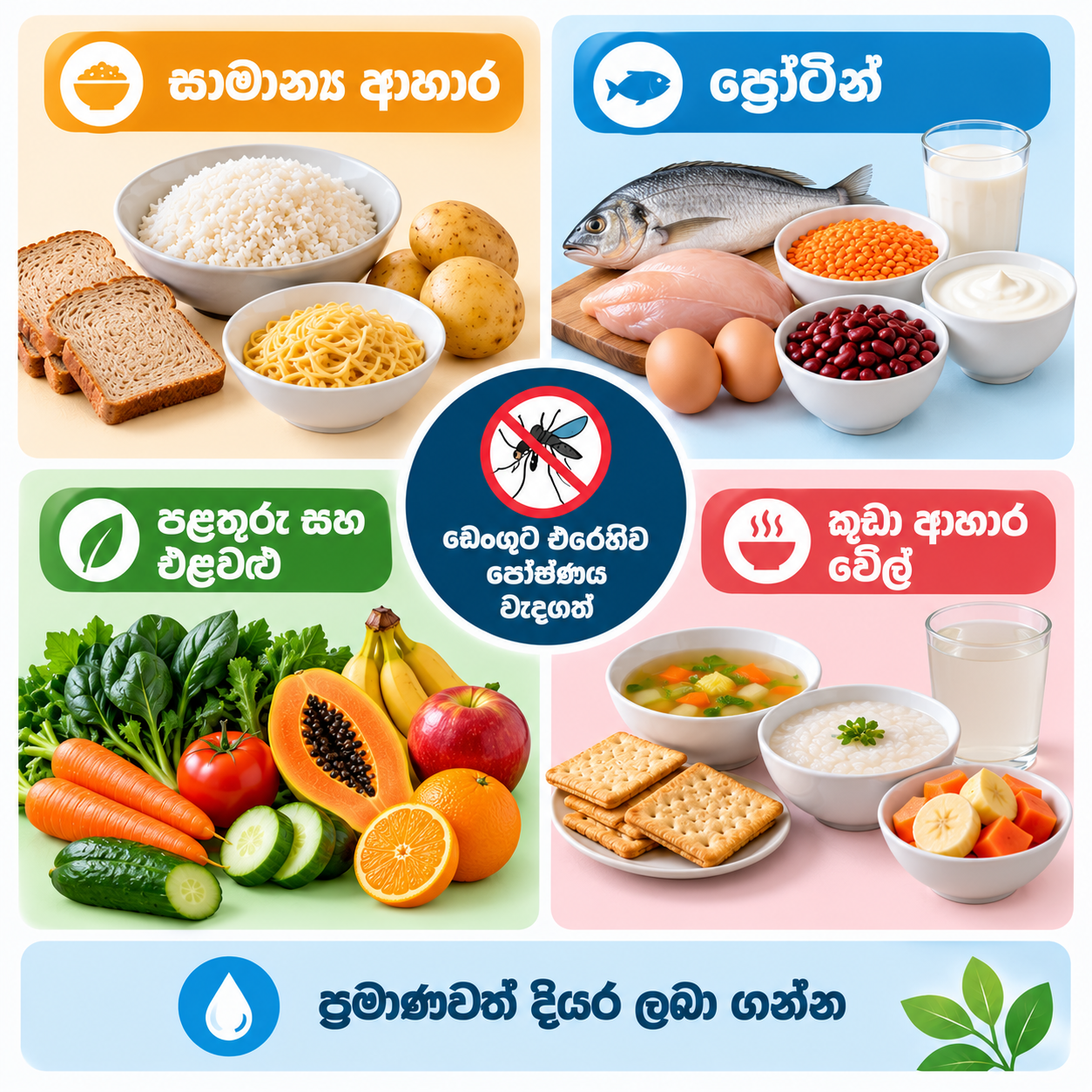 ඩෙංගු උණේදී කෑමට ගත හැකි සාමාන්‍ය ආහාර කාණ්ඩ