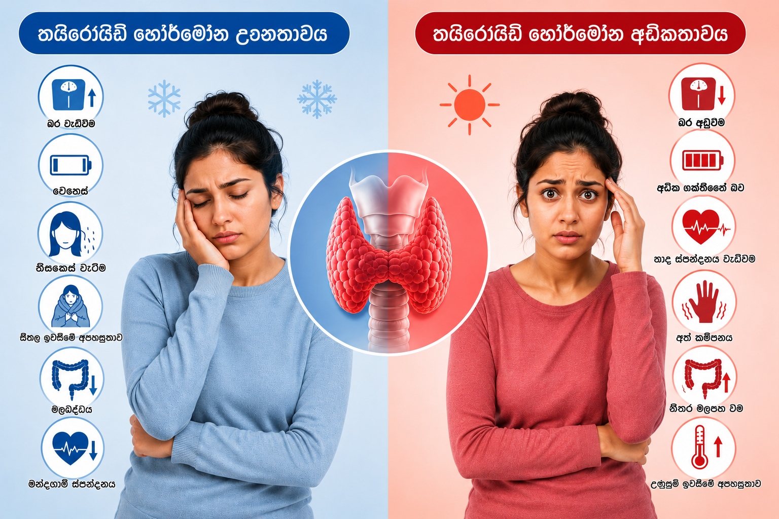තයිරොයිඩ් හෝර්මෝන ඌනතාවය හා හෝර්මෝන අධිකතාවය ලක්ෂණ සංසන්දනය